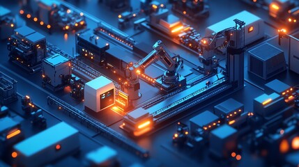 Poster - Automated factory production line with robotic arm.