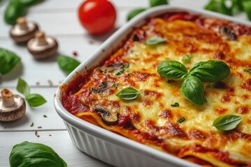 Italian lasagna casserole with firm tofu, mushrooms, tomato sauce baked on the oven, served on a baking dish with fresh basil on a white wooden background, close-up , ai