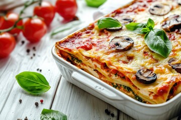 Italian lasagna casserole with firm tofu, mushrooms, tomato sauce baked on the oven, served on a baking dish with fresh basil on a white wooden background, close-up , ai