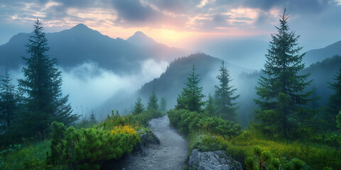 Wall Mural - Morning mountain panorama with sunlit peaks, forests, and clouds