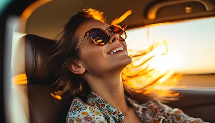 Joyful young woman in sunglasses enjoying sunny summer day in car, radiating happiness and freedom during a carefree road trip under the glowing sunset.