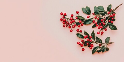 Wall Mural - Vibrant red holly berries and green leaves arranged against a light pastel background, offering a simple holiday decoration