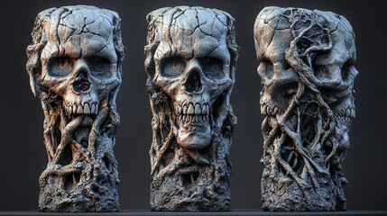 Wall Mural - Stone Skull with Roots: A Surreal and Creepy Digital Sculpture