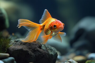 Poster - Goldfish is swimming in a tank. The tank is on a rock. The fish is swimming in the water. A single Ryukin goldfish swimming in an aquarium.