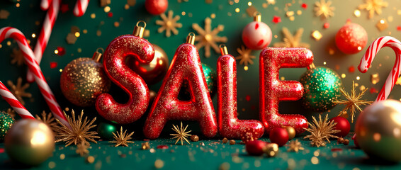 Wall Mural - A colorful arrangement showcases glittering letters spelling out sale surrounded by shiny ornaments and candy canes, celebrating the festive holiday spirit and shopping excitement