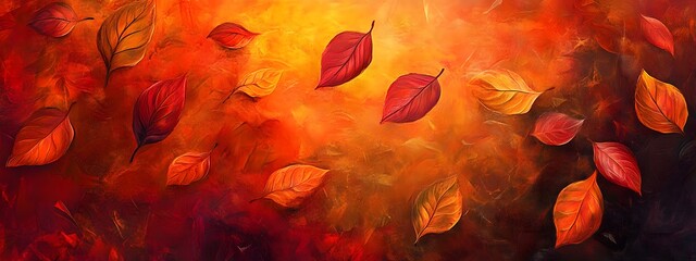 Wall Mural - A digital painting depicting autumn leaves in various shades of red, orange, and yellow on an abstract background