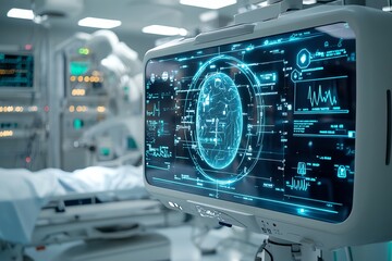 Poster - Close-up of a futuristic medical monitor in a hospital room with a blurry background.