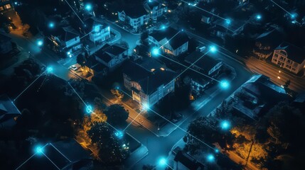Fototapete - Aerial view of a suburban neighborhood at night with glowing lines connecting houses.