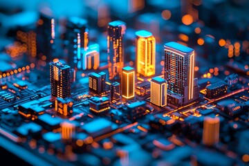 A futuristic cityscape made of illuminated circuitry showcasing glowing buildings with vibrant blue and orange accents.