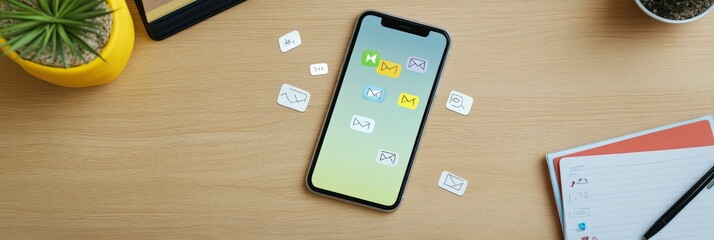 Poster - Smartphone with email and messaging icons in a vibrant office setting. Focus on digital communication and online interaction themes.