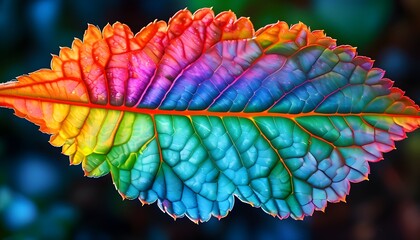 Iridescent veins of a leaf showcasing vibrant colors in intricate detail