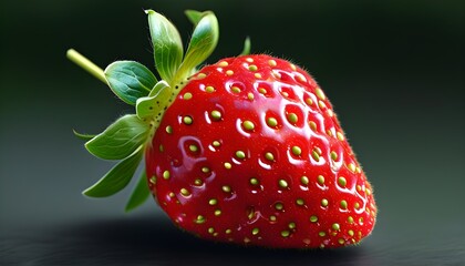 Lustrous ripe strawberry adorned with vibrant green leaves