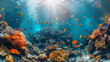 Tropical sea underwater fishes on coral reef. Aquarium oceanarium wildlife colorful marine panorama landscape nature snorkel diving