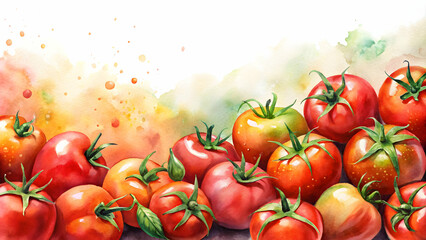 Vibrant watercolor painting of tomatoes, food, vegetables, organic, fresh, painting, art,red, green, colorful, juicy