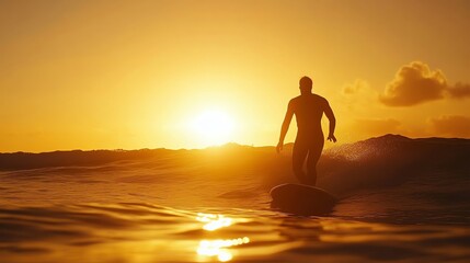 Wall Mural - A surfer paddling out in the ocean at sunset.