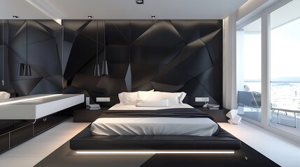 Contemporary bedroom featuring a sleek black and white color palette and geometric decor