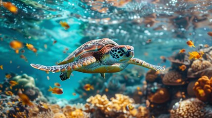 underwater paradise background - coral reef wildlife nature collage with sea turtle and colorful fish background