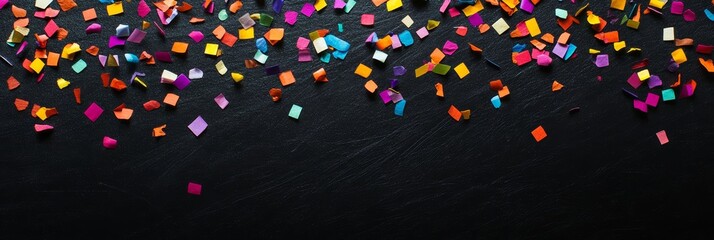Poster - Wide view of colorful paper confetti on a dark surface for Cyber Monday sales.
