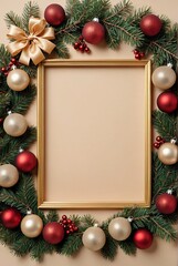 Christmas frame, golden border, evergreen branches, red and gold ornaments, pine cones, festive decorations, blank canvas, holiday background, warm tones, traditional Christmas colors, vertical compos