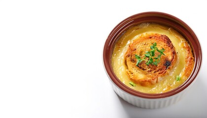 French onion soup has onions, gently fried and then cooked in meat stock or water, usually served with croutons or a larger piece of French bread covered with cheese floating on top. Isolated on white