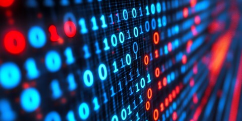 Poster - Close-up shot of glowing blue and red binary code on a dark background.