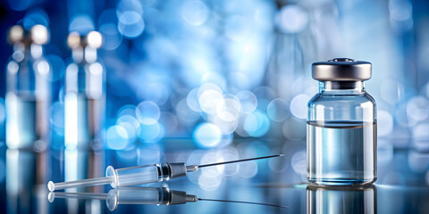 Vial of HPV vaccine with blurred injection needle in background, vaccine, HPV, vial, ampoule, syringe, injection