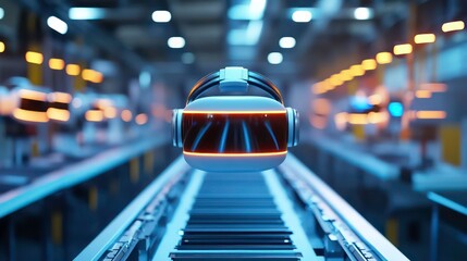 Poster - Futuristic virtual reality headset moving on a conveyor belt in a factory.