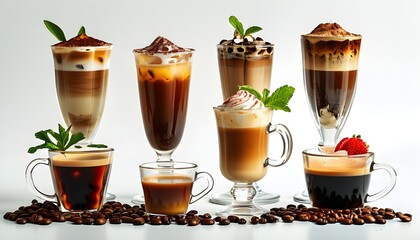 Wall Mural - Artistic Presentation of Gourmet Coffee Drinks with Unique Flavors and Creative Toppings in Elegant Glassware on White Backdrop