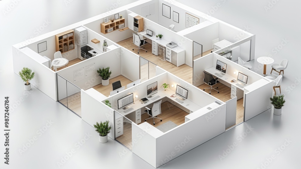 White cubicles arranged in an isometric view, set against a white ...