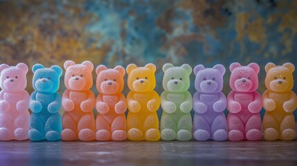 Jelly babies in a row, different pastel colours.