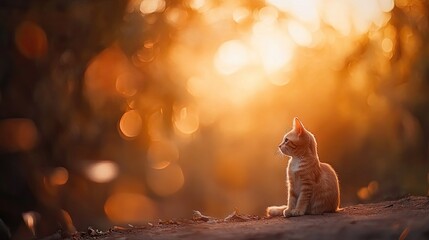 A small, orange kitten sits in the golden glow of the sunset, looking to the right. The background is blurred and features bokeh of the sun shining through the trees.