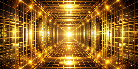 Abstract gold technological grid tunnel with bright glow effect, abstract, wavy, tunnel, gold, technological, grid, bright