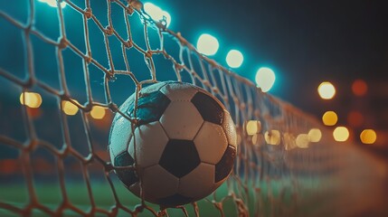 Wall Mural - A soccer ball in a net with a dramatic sky in the background.