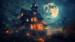 © Kseniya - A spooky haunted house under a full moon with bats flying around , Halloween cards