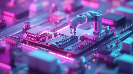 Poster - Futuristic robotic arm assembling a circuit board in a neon-lit environment.
