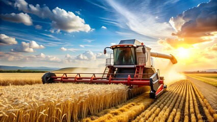 combine harvester harvesting wheat in a sunny field, agriculture, farming, machinery, rural, crop