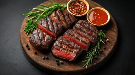 Tasty grilled beefsteak with spices on rustic cutting board plate.