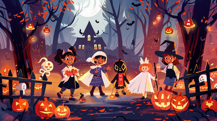 A group of kids in Halloween costumes trick-or-treating , Halloween-themed illustrations