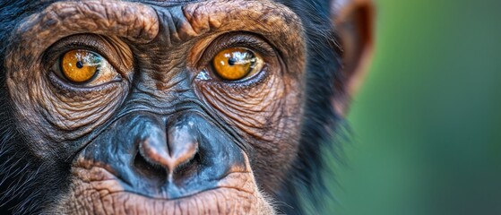  A tight shot of a monkey's face with a yellow-eyed expression