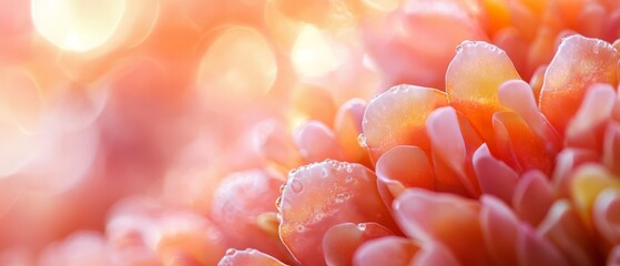 Wall Mural -  A tight shot of a pink flower with dew droplets on its petals and an indistinct backdrop