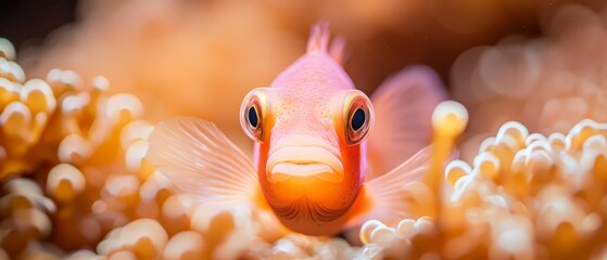  A tight shot of a fish within a sea anemone, gaze fixed on the camera with wide-open eyes