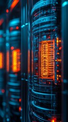 Poster - Glowing red and blue light streaks inside futuristic server rack.