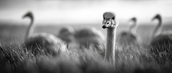 Wall Mural -  A black-and-white image of an ostrich standing tall in grass, surrounded by other ostriches in the background