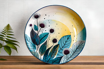 Handmade painted. Center of ceramic plate is hand painted by brown black abstract floral print. Branches stands vertically on the wooden surface on the grey color wall background. Generated AI