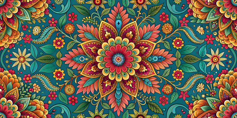 Indian floral pattern with vibrant colors and intricate details, traditional, India, flowers, design, seamless