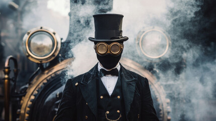 A man in a black suit and top hat stands in front of a steam engine