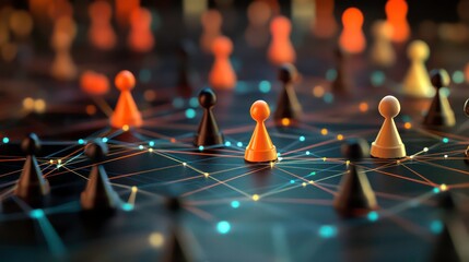 Poster - A yellow pawn stands out among black and white pawns connected by glowing lines.