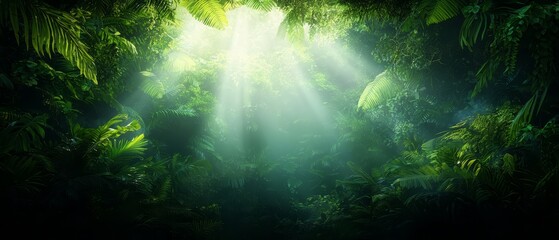 Wall Mural -  A sunbeam splits through the dense jungle, illuminated by sunlight filtering through tree canopies above