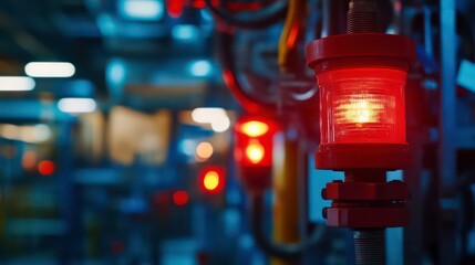 Close-up of a red emergency light in a factory setting with blurred background.