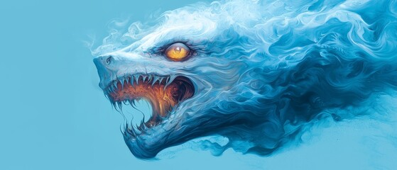  Close-up of a wolf's fierce face with flame erupting from its maw against a backdrop of deep blue